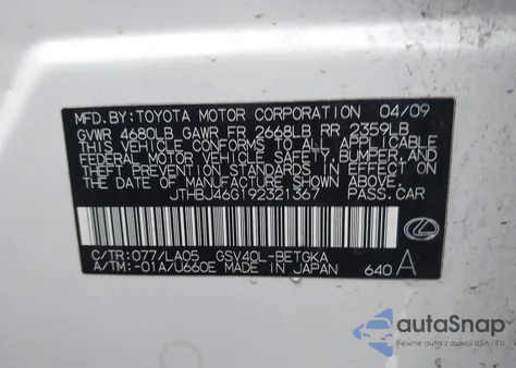 2009 Lexus Es 350 from USA, damaged, VIN JTHBJ46G192321367